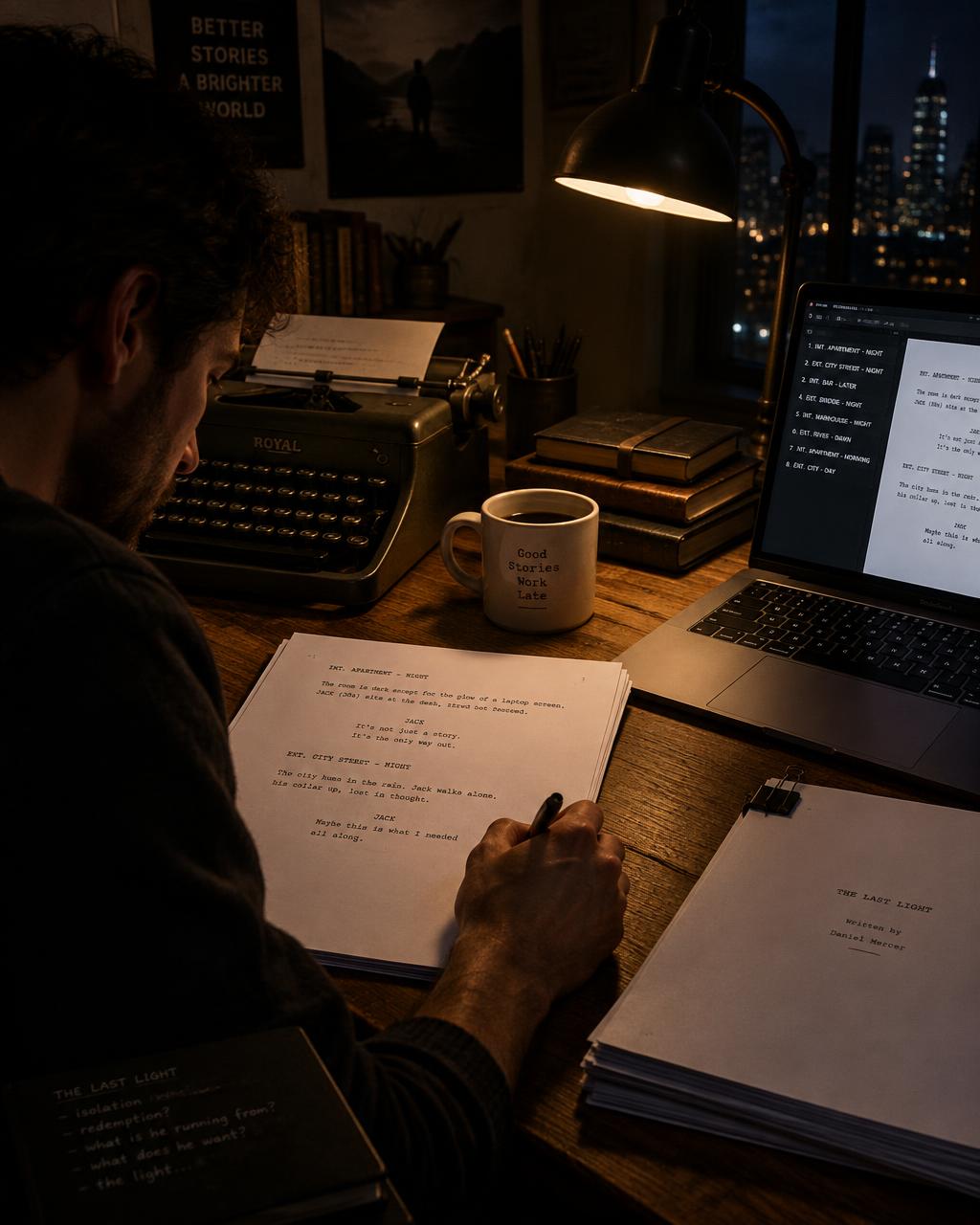 Guionista escribiendo de noche